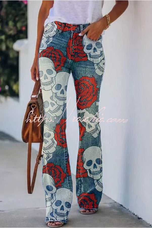 Faux Denim Print High Rise Flare Pants – Women's Casual