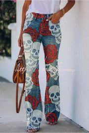 Faux Denim Print High Rise Flare Pants – Women's Casual