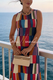 Linen Blend Color Block Plaid Sleeveless Maxi Dress