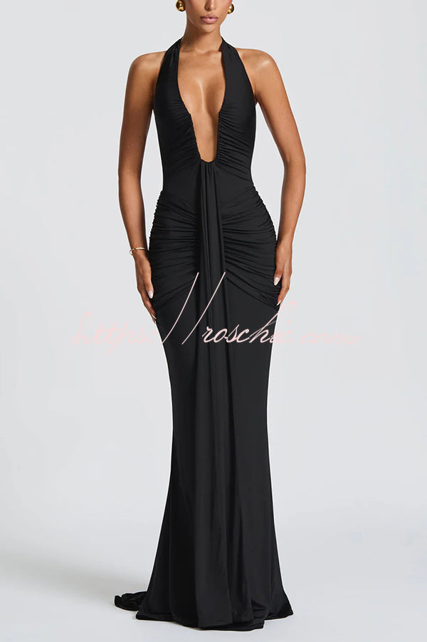 Halter V-Neck Open Back Maxi Dress – Solid Color Slim Fit