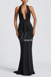 Halter V-Neck Open Back Maxi Dress – Solid Color Slim Fit