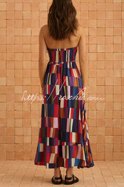 Linen Blend Color Block Strapless Midi Dress