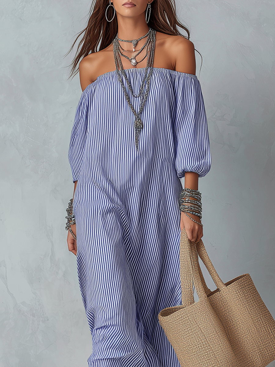 Blue & White Striped Off-Shoulder Maxi Dress | Resort Wear