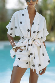 Linen Blend Polka Dot Kimono Top & Shorts Set