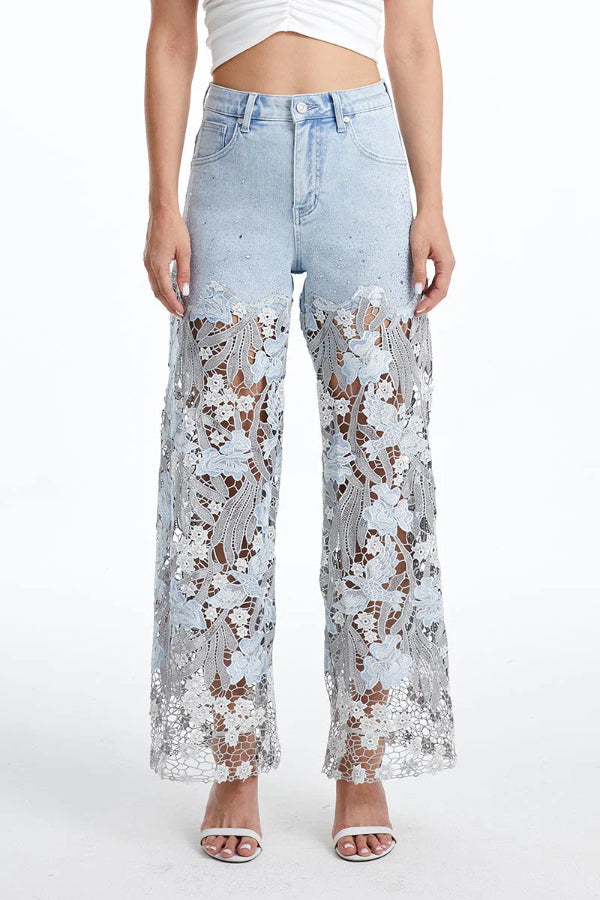 Lace Openwork Straight-Leg Jeans with Pockets