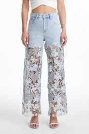 Lace Openwork Straight-Leg Jeans with Pockets