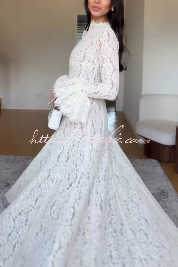 Floral Lace Mock Neck Bell Sleeve Pleated Maxi Dress