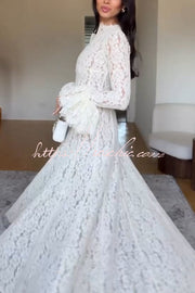 Floral Lace Mock Neck Bell Sleeve Pleated Maxi Dress