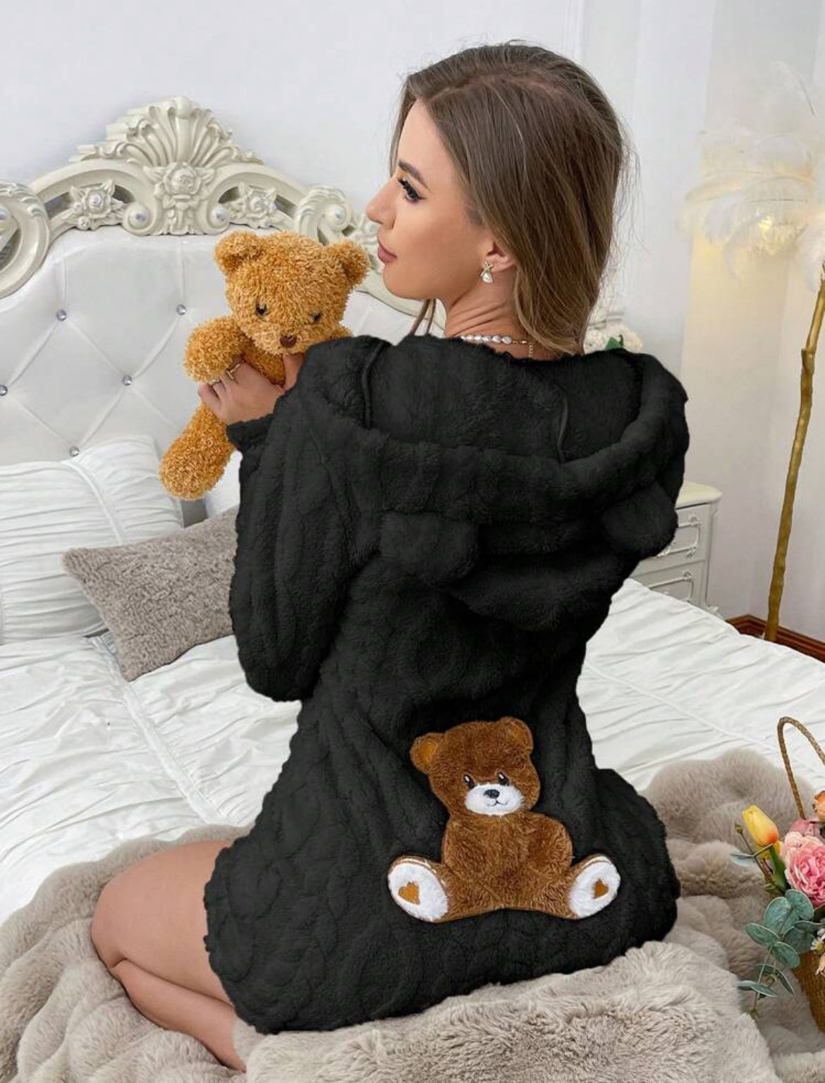 Teddy Bear Embroidered Hooded Fleece Sweatshirt for Women