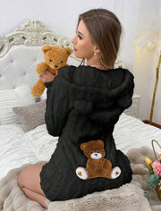 Teddy Bear Embroidered Hooded Fleece Sweatshirt for Women