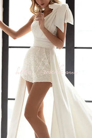 Sequin One-Shoulder Romper with Detachable Long Skirt Train