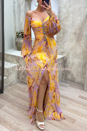 Off Shoulder Printed Pleated Maxi Dress with Diamond Detail