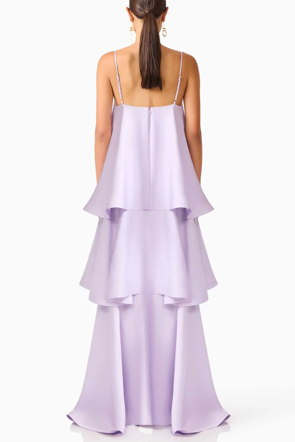 Satin Tiered Maxi Dress – Square Neck Sleeveless A-Line