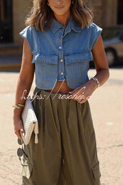 Denim Cape Sleeve Crop Top with Chest Pocket | Loose Fit