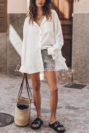Linen Blend Oversized Long Sleeve Shirt with Pockets