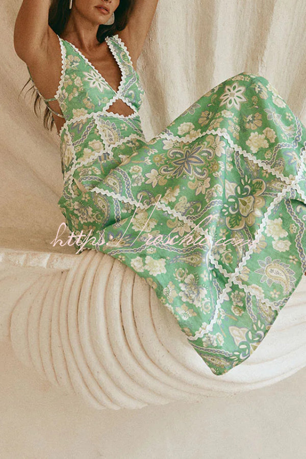 Linen Blend Printed V-Neck Sleeveless Maxi Dress