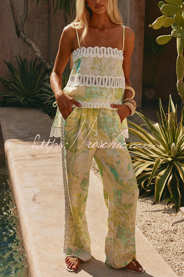Printed Crochet Trim Camisole and Wide-Leg Pants Set