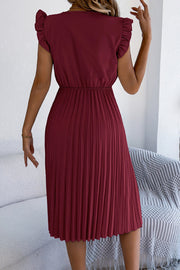 Robe midi plissée sans manches à col en V et bordure en dentelle