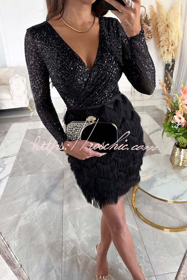 Sequin Fringe Mini Dress with Tiered Patchwork Detail