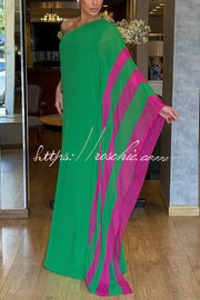 Chiffon One-Shoulder Maxi Dress – Color-block Vacation Style