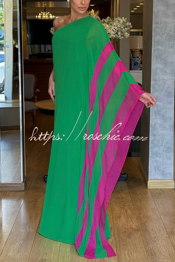 Chiffon One-Shoulder Maxi Dress – Color-block Vacation Style