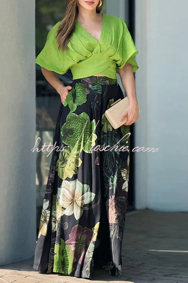 Floral Print V-Neck Crop Top and Maxi Skirt Set