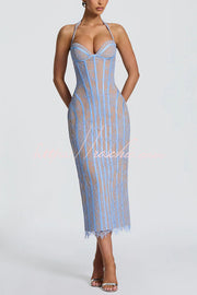 Floral Lace Halter Midi Dress with Lace-Up Open Back
