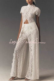 Floral Lace Two-Piece High Neck Top and Wide Leg Pants Set