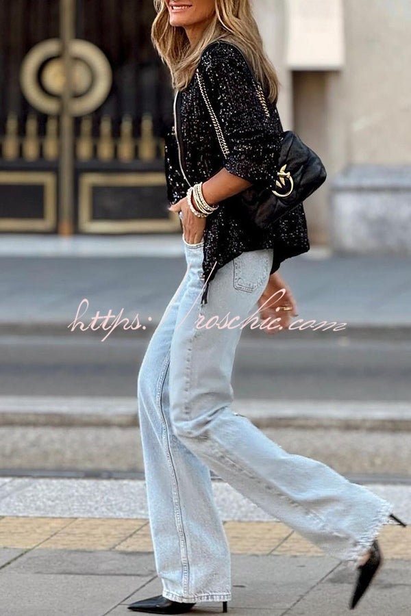 Sequin Zip-Up Long Sleeve Coat – Loose Fit Party Top