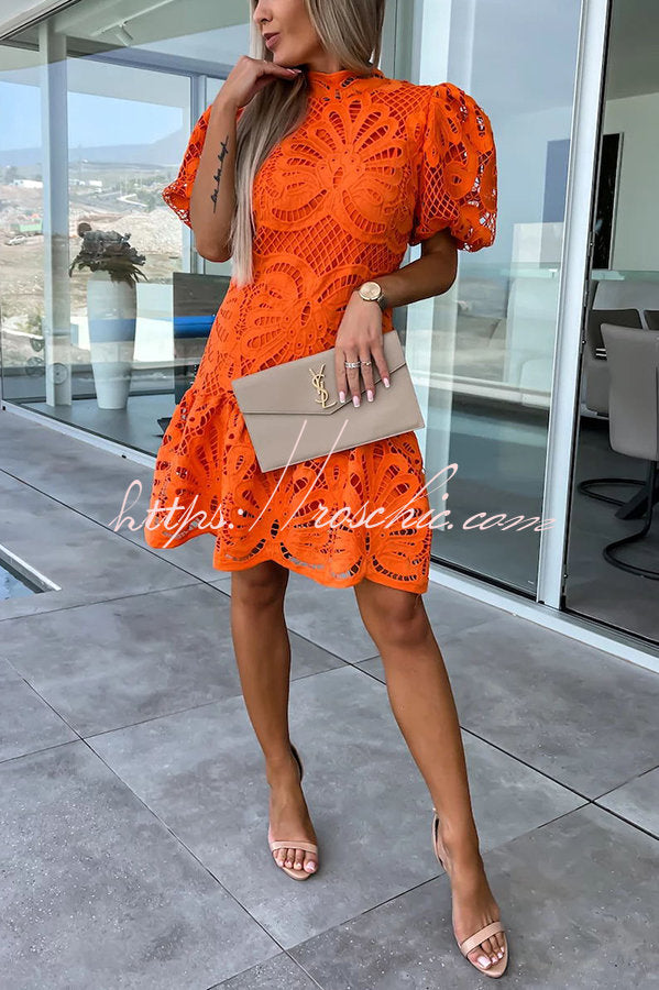 Crochet Lace Puff Sleeve Mini Dress – High Neck Party