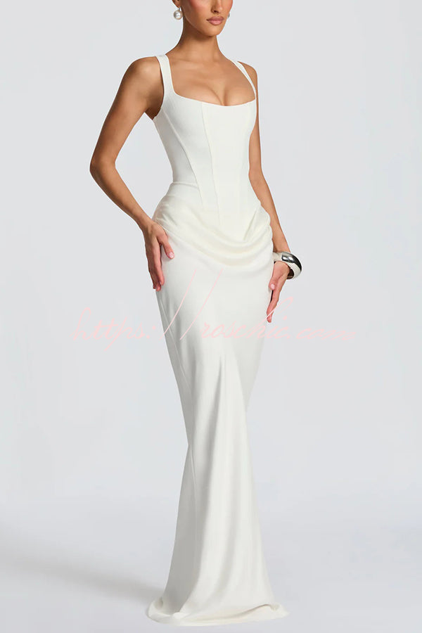 Square Neck Satin Drape Maxi Dress with Lace-Up Back