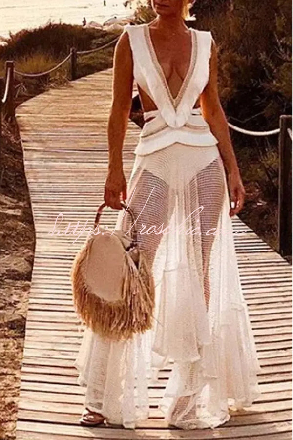 Sheer Mesh Lace Ankle-Length Beach Skirt – Loose Fit