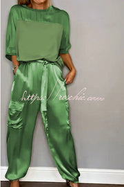Satin Half-Sleeve Top & Elastic Waist Pants Set