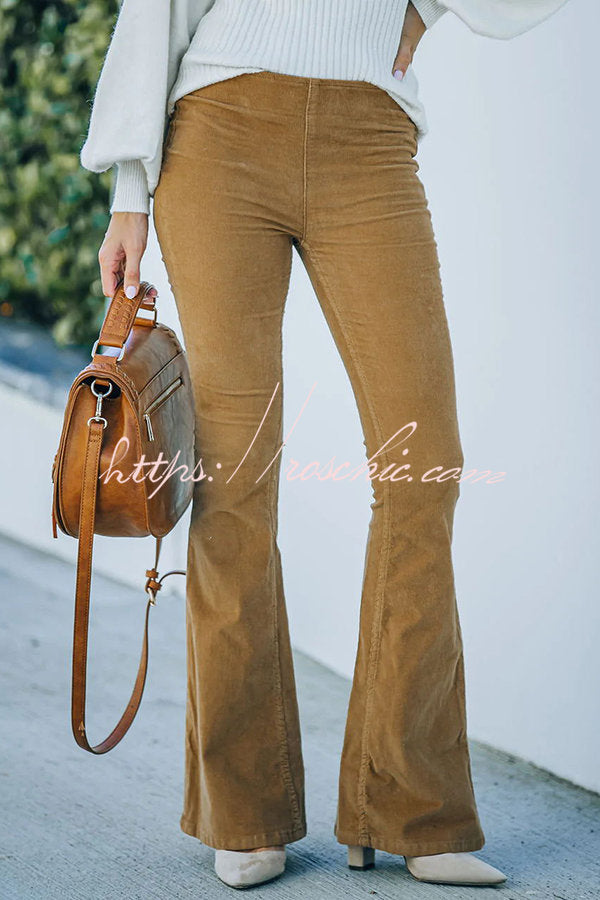 Women's Corduroy Bell Bottom Pants with Elastic Waist