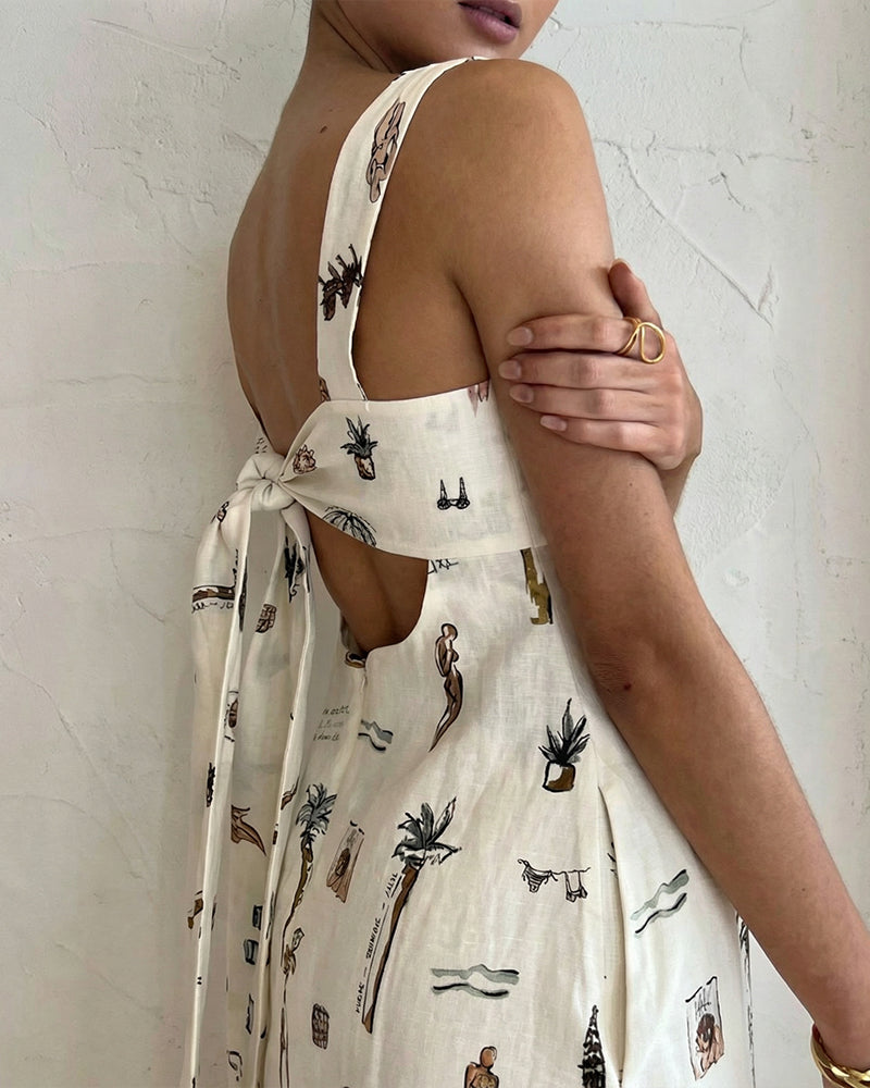 Botanical Print Tie-Strap Open Back Maxi Dress