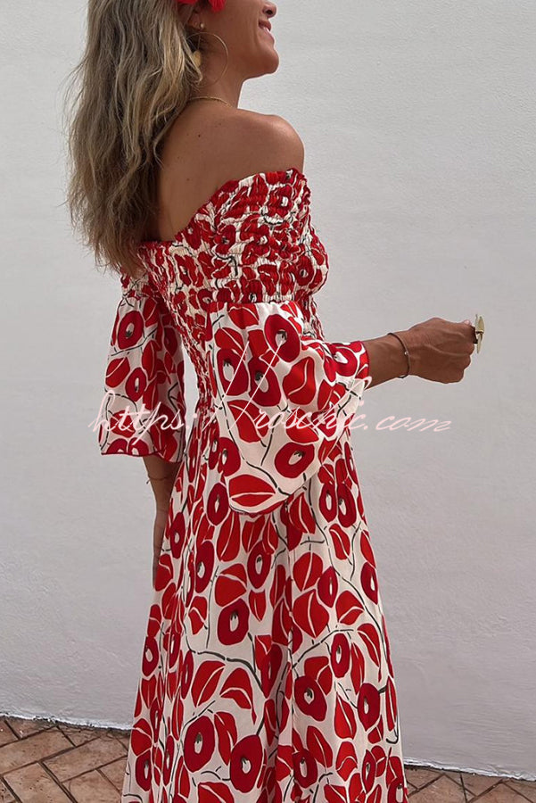 Floral Smocked Off-Shoulder Maxi Dress with Pockets