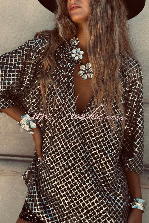 Sequin V-Neck Half Sleeve Loose Party Top