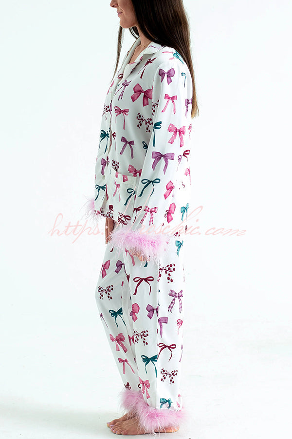 Christmas Printed Feather Trim Pajama Set with Pockets