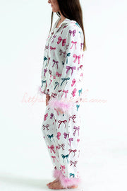 Christmas Printed Feather Trim Pajama Set with Pockets