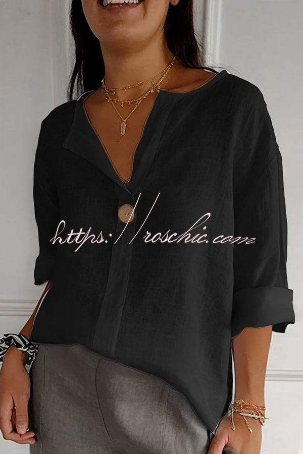 Linen Blend V-Neck Top | 3/4 Sleeve Loose Casual Blouse