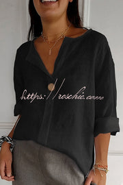 Linen Blend V-Neck Top | 3/4 Sleeve Loose Casual Blouse