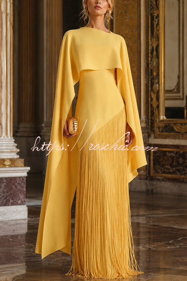 Fringed Hem Maxi Gown with Detachable Shawl Detail