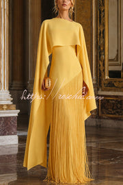 Fringed Hem Maxi Gown with Detachable Shawl Detail