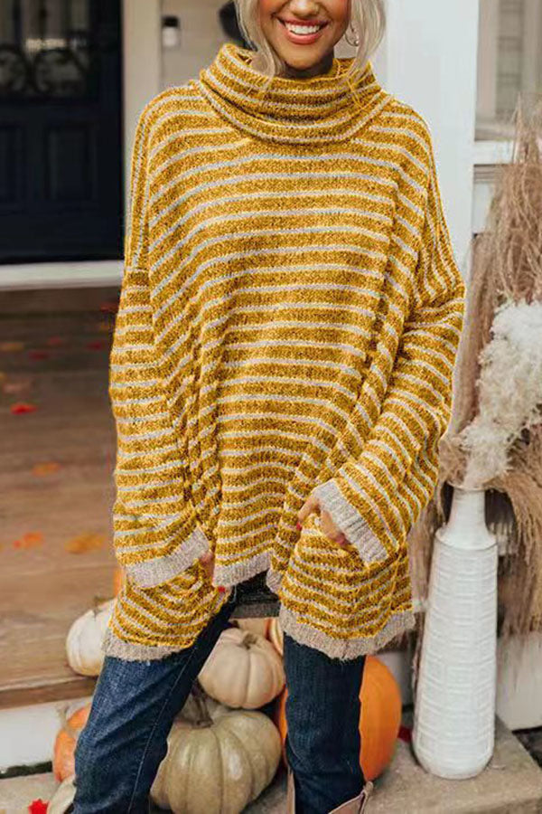 Striped Tunic Sweater with Pockets – Loose High Neck