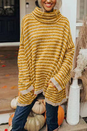 Striped Tunic Sweater with Pockets – Loose High Neck