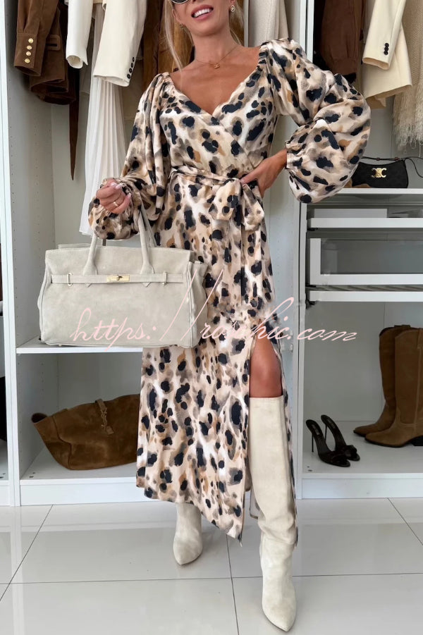 Printed V-Neck Maxi Dress with Waist Tie and Side Slit