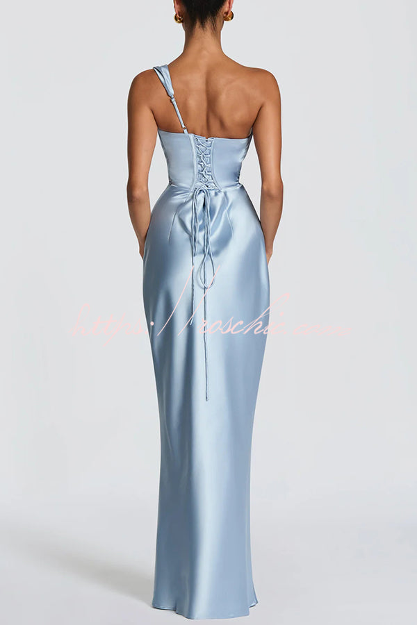Satin One-Shoulder Pleated Maxi Dress for Party Wear