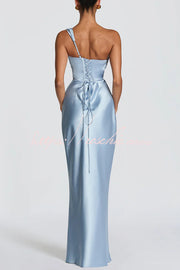 Satin One-Shoulder Pleated Maxi Dress for Party Wear