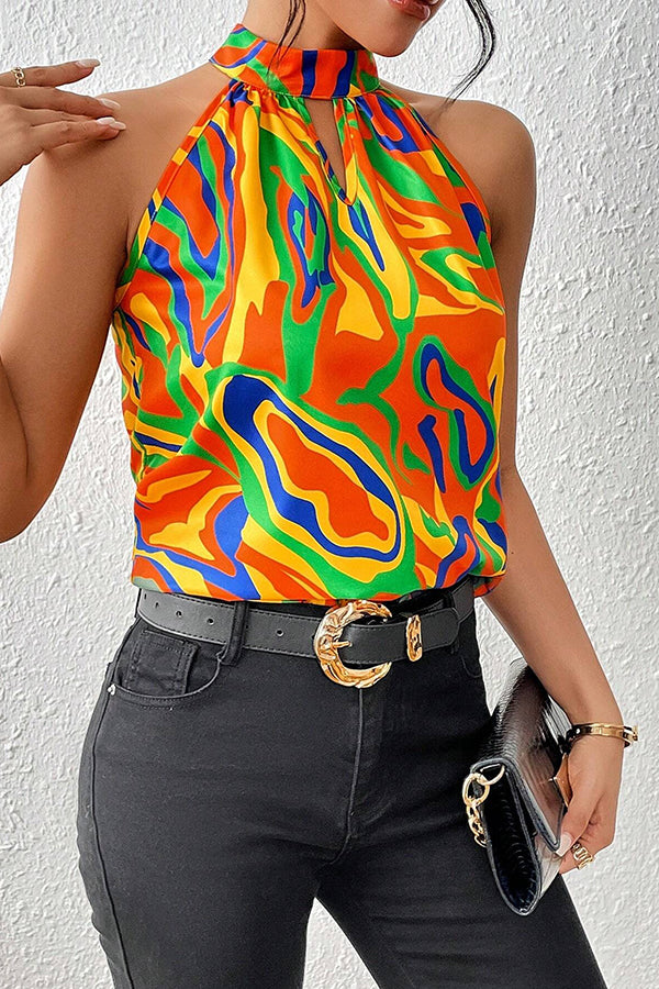 Printed Sleeveless Round Neck Loose Top