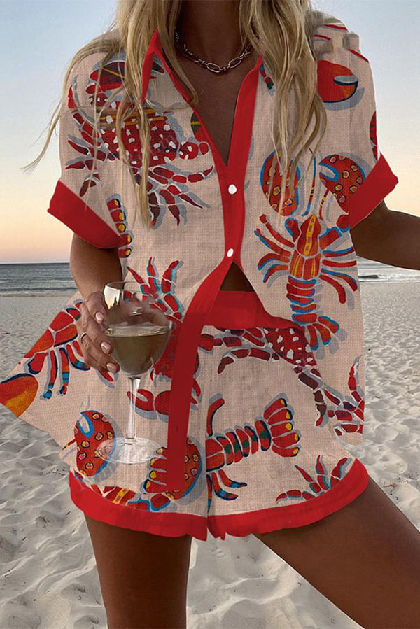 Lobster & Crab Print Shorts Set with Button-Up Top